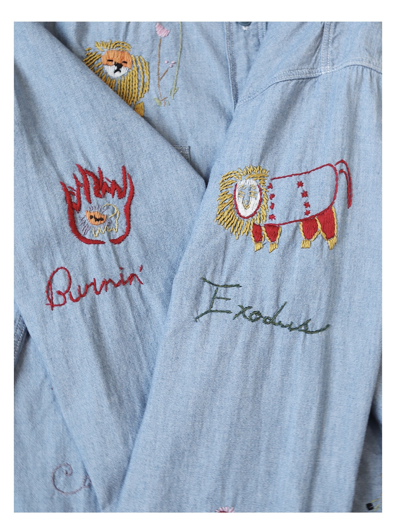25AW Japanese Style Casual Lion Floral Embroidery Turn-down Collar Cotton Long Shirt