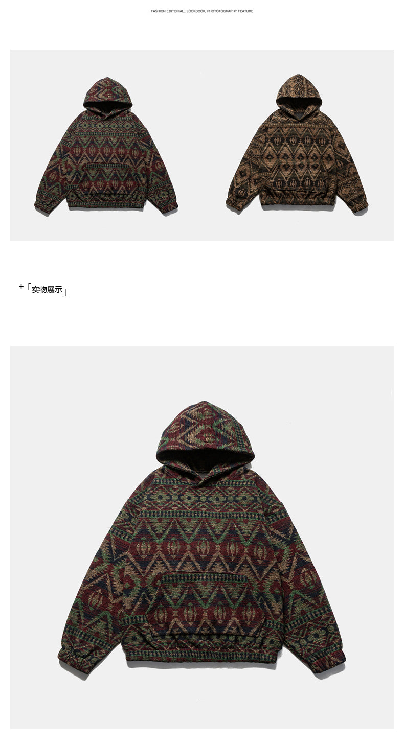 Retro Ethnic Color-Block Heavyweight Hoodie – National Trend Unisex Streetwear