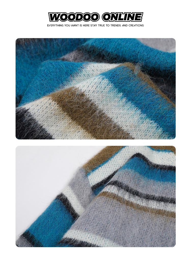 Shuixi Zhanqiao WOODOO Designer Brand Retro Round Neck Color Block Striped Unisex Knitted Sweater