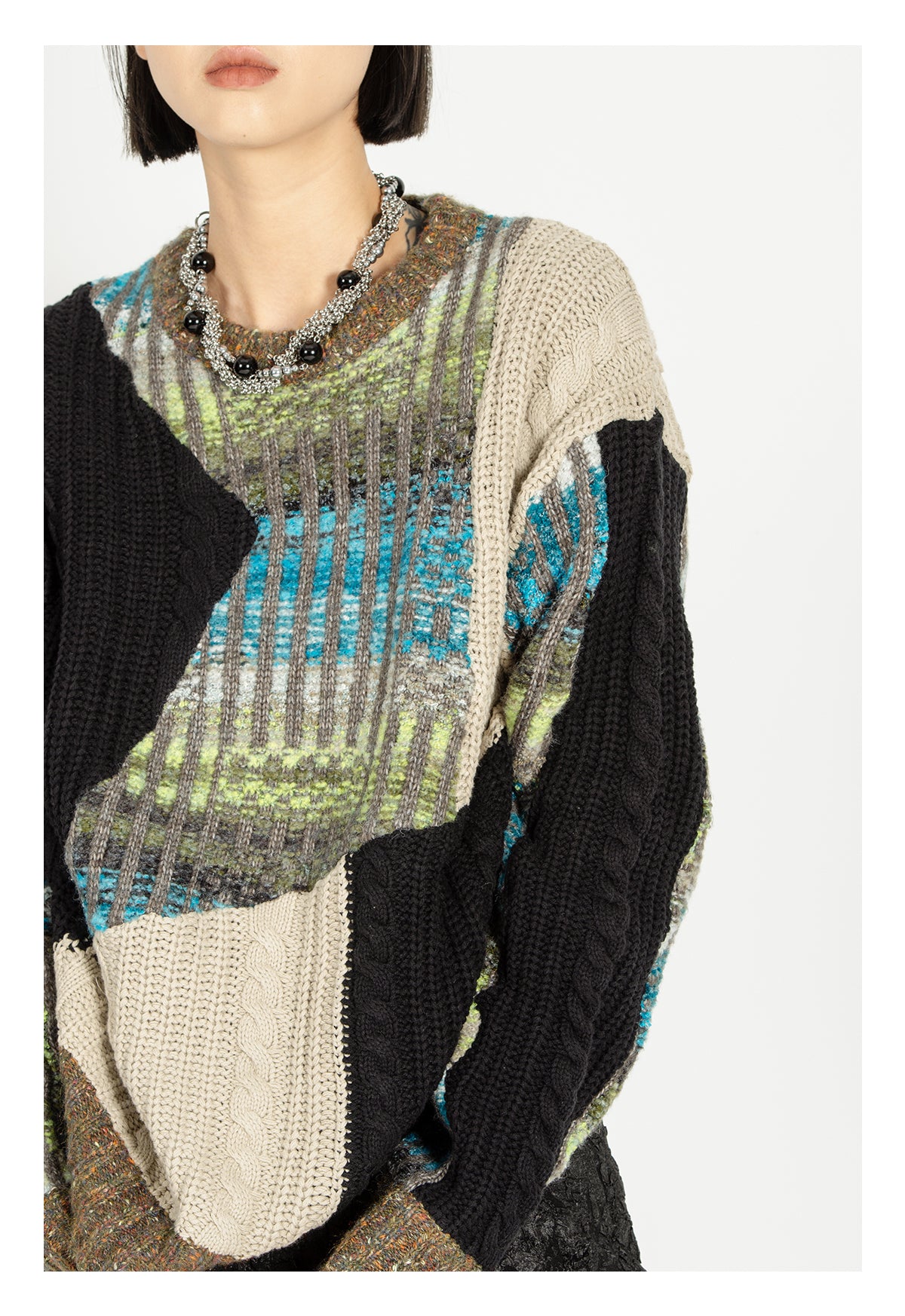 Heavy-weight twisted patchwork gradient back collar camel wool sweater