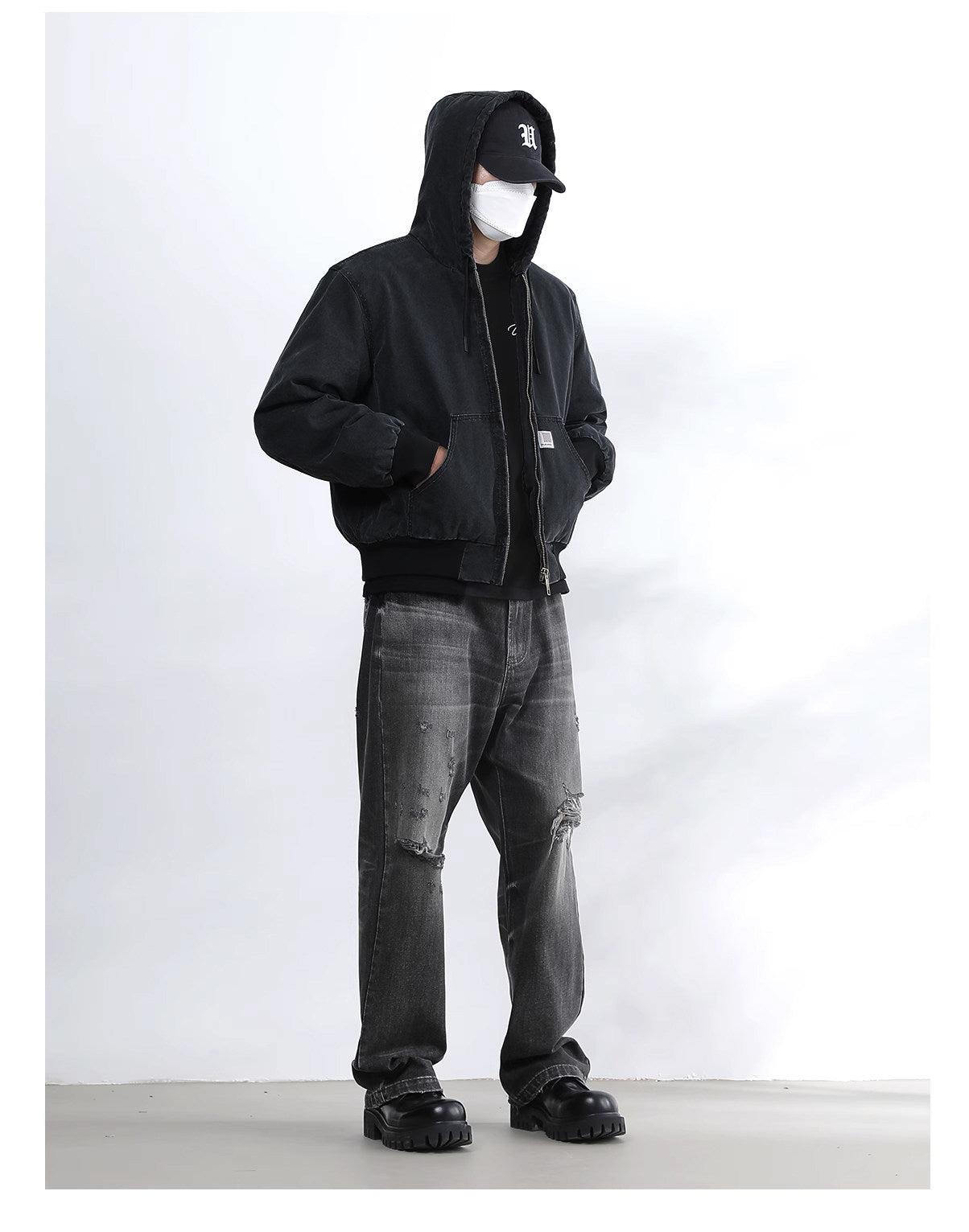 Vintage Wash Distressed Cargo Hoodie Jacket – Thermal Insulated Men's Coat