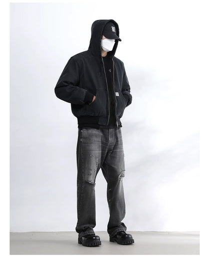 Vintage Wash Distressed Cargo Hoodie Jacket – Thermal Insulated Men's Coat