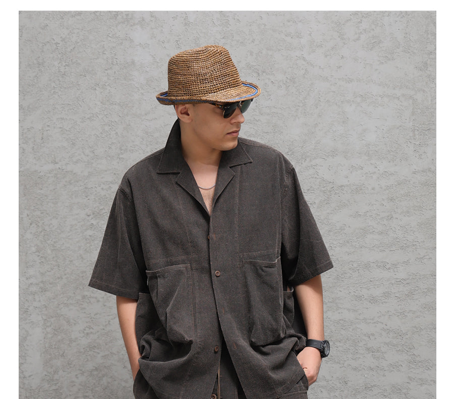 Wild Silk Cuban Collar Half Sleeve Shirt Men's Dye Yam Dyed Tussah Silk Aloha Retro Short Sleeve Shirt Summer