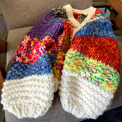 Women's 2025 Autumn Winter Heavy Craft Cardigan - Handmade Thick-Knit Colorful Plaid Knitted Sweater Coat