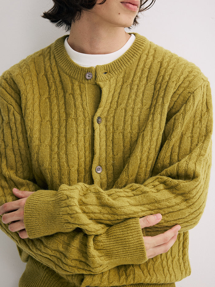 Coke Life Carpem 100% Wool Cable Knit Cardigan - Winter Lazy Style Round Neck Sweater