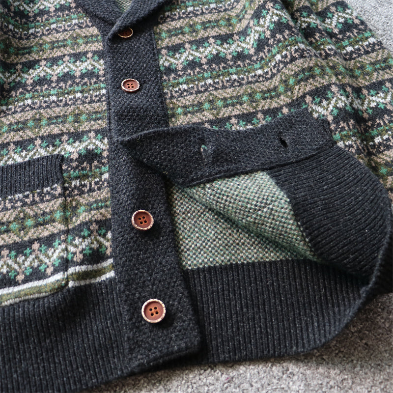 Heavyweight Color-Block Wool Cardigan Jacket – Retro Warm Knit (Unisex)