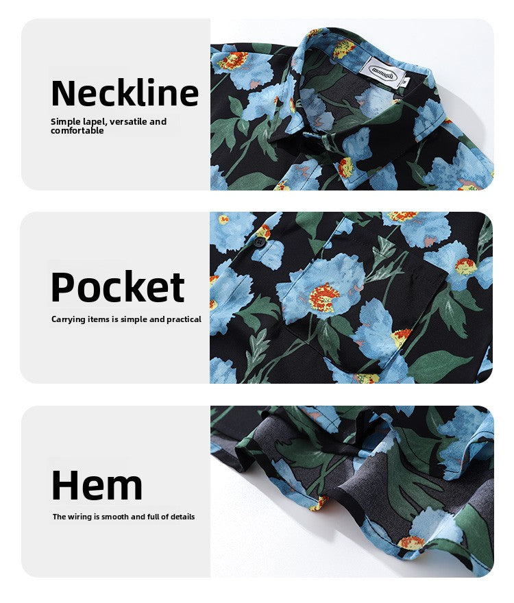 Resort Style Blue Floral Full Print Long Sleeve Shirt for Men 2025 Autumn New Hawaiian Floral Shirt