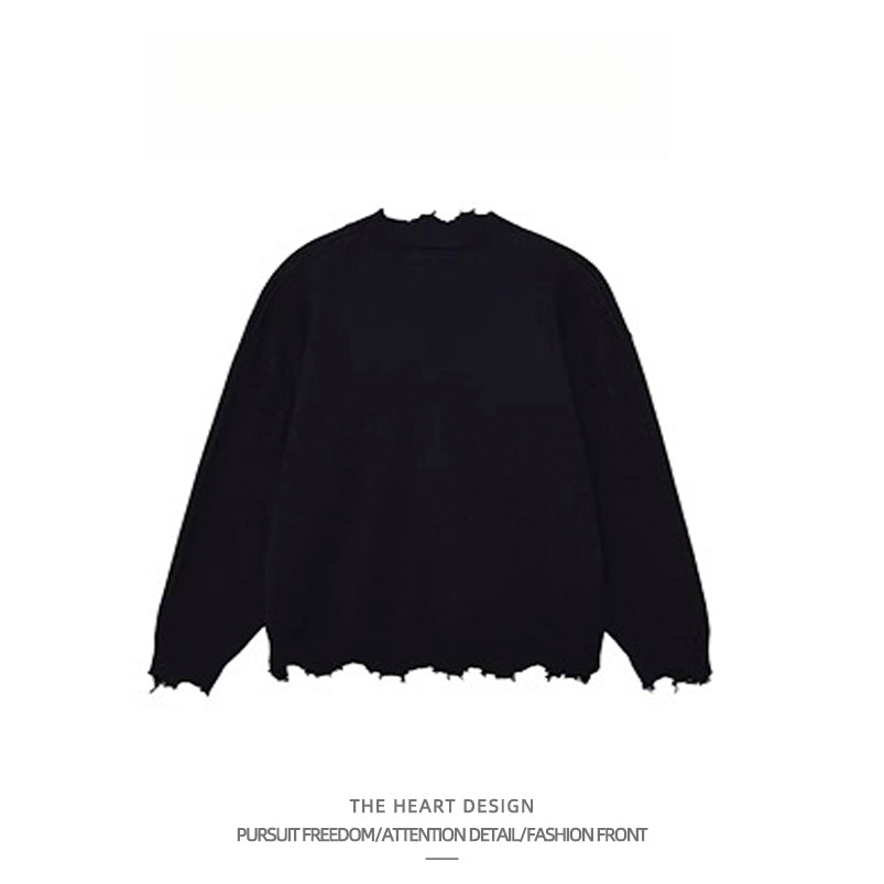 Men's Retro Cross Embroidered Distressed Knit Sweater – High Street American Style Casual Winter Pullover Jacket