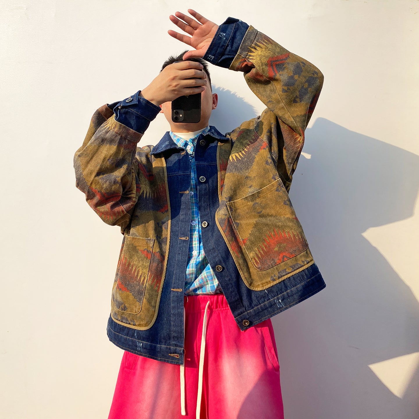 Shanwu Patchwork Blue Lapel Jacket – Retro American Streetwear, Unisex