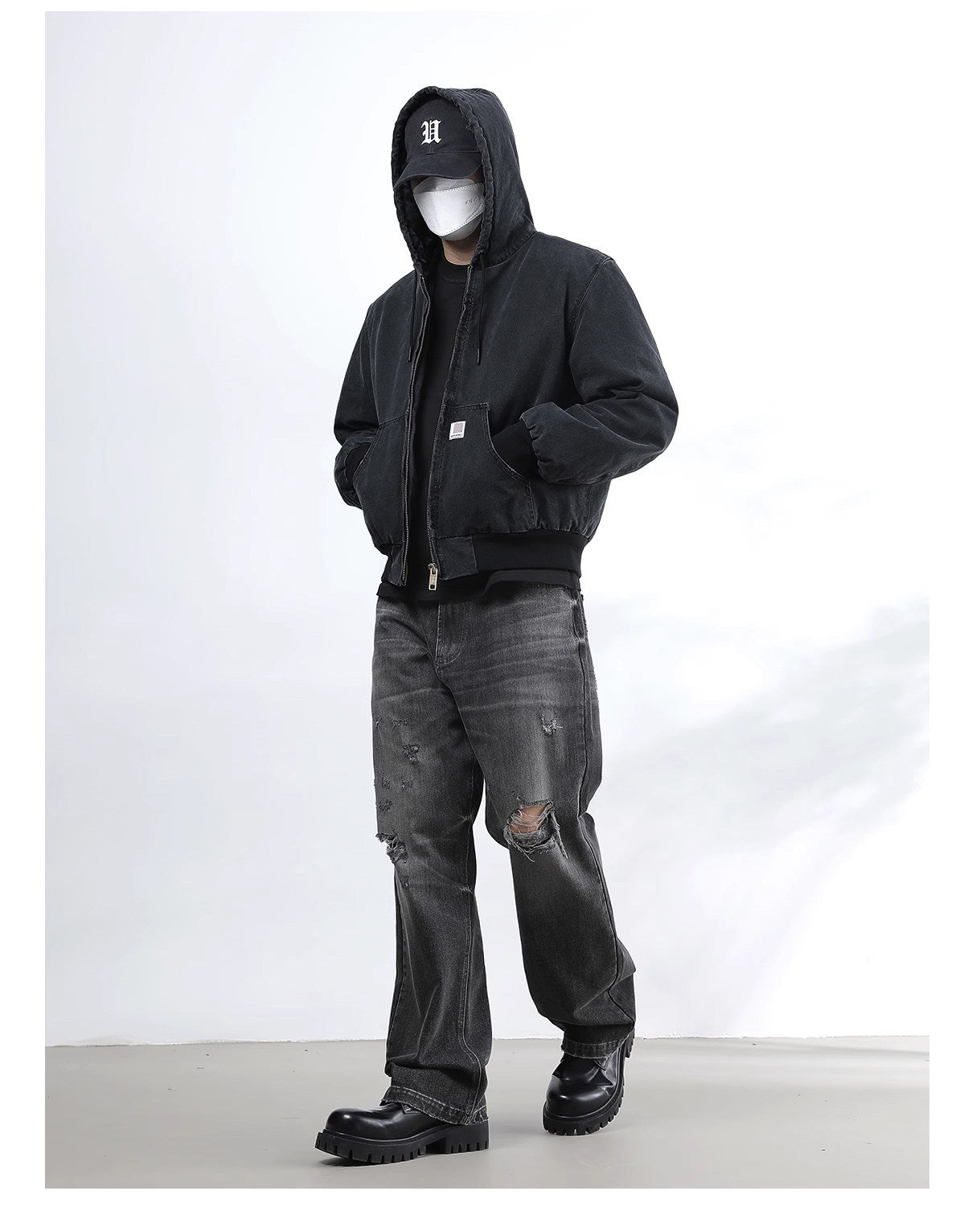 Vintage Wash Distressed Cargo Hoodie Jacket – Thermal Insulated Men's Coat