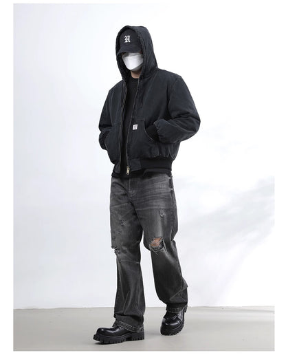 Vintage Wash Distressed Cargo Hoodie Jacket – Thermal Insulated Men's Coat