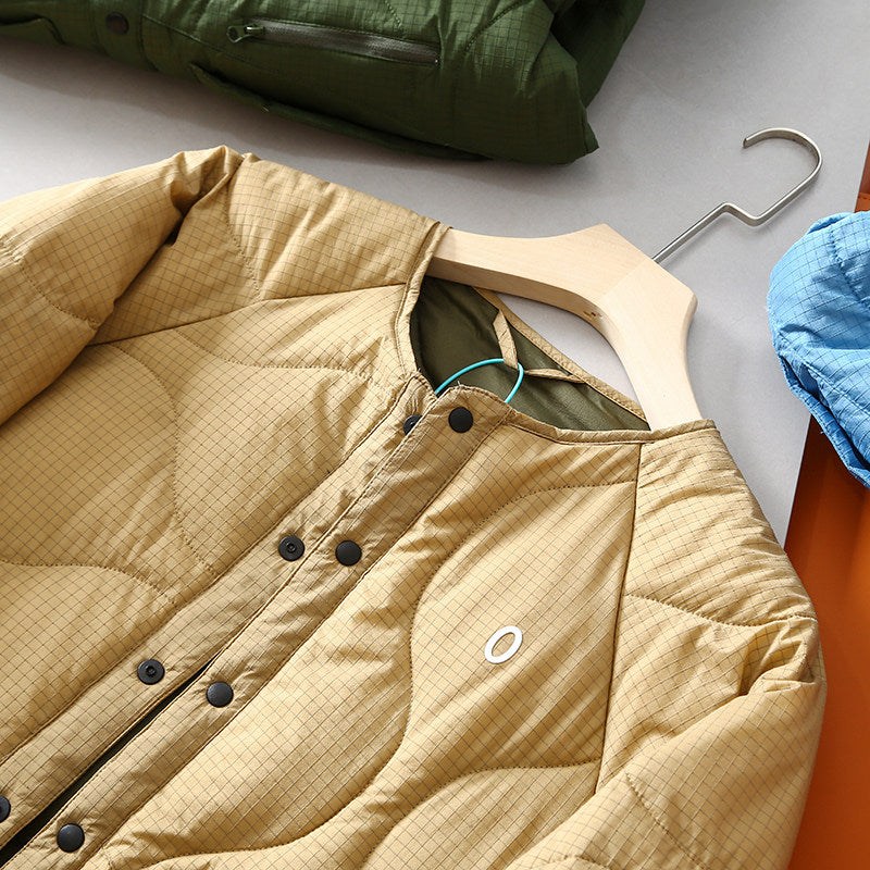 Collarless Down Jacket – Wave Quilting & Snap Front