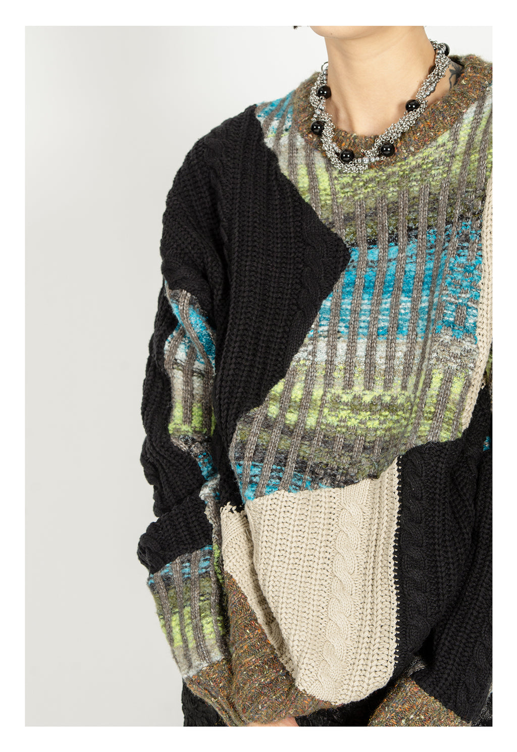 Heavy-weight twisted patchwork gradient back collar camel wool sweater