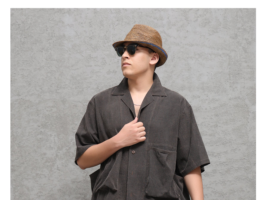 Wild Silk Cuban Collar Half Sleeve Shirt Men's Dye Yam Dyed Tussah Silk Aloha Retro Short Sleeve Shirt Summer