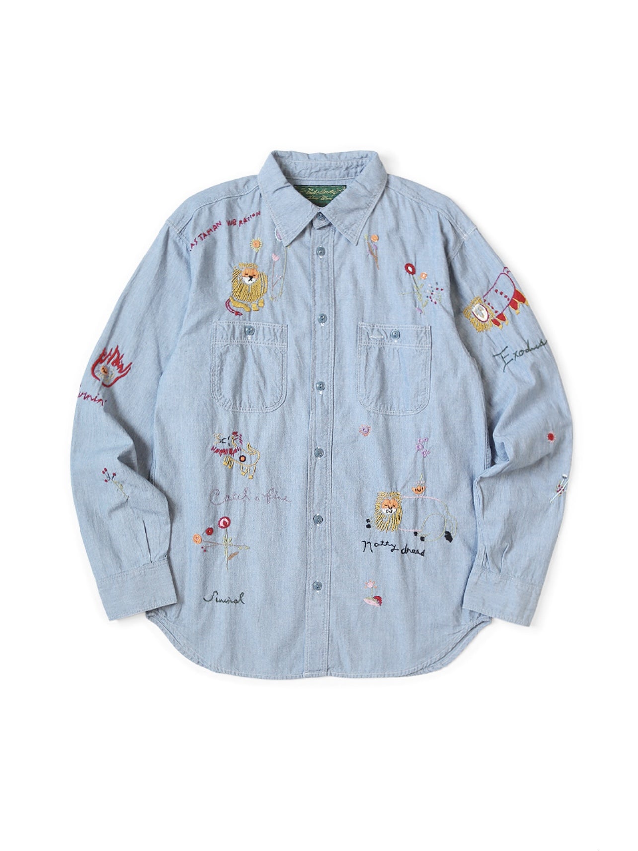 25AW Japanese Style Casual Lion Floral Embroidery Turn-down Collar Cotton Long Shirt