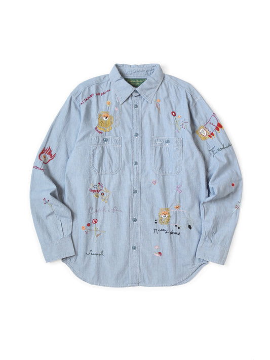 25AW Japanese Style Casual Lion Floral Embroidery Turn-down Collar Cotton Long Shirt