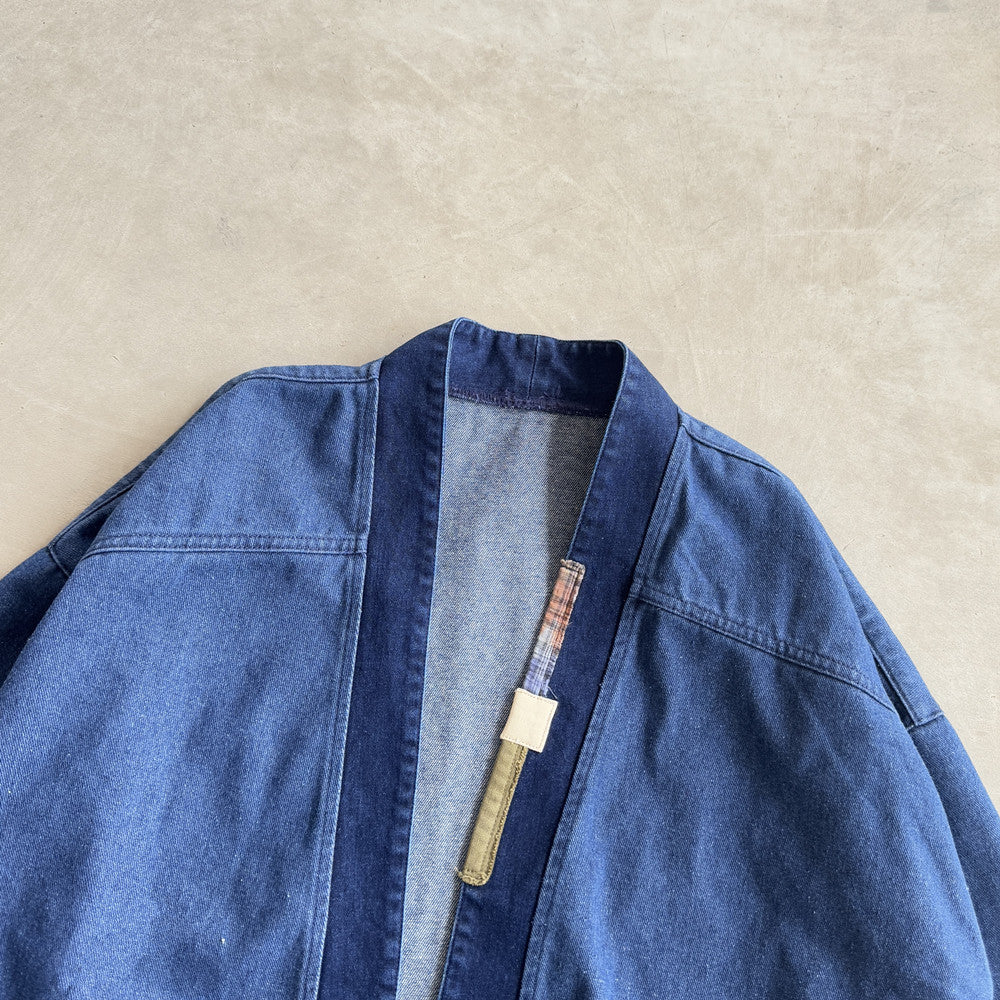 {{ Vintage Patchwork Distressed Denim Jacket – Oversized Washed Workwear Coat for Men – Japanese vintage | yamalin clothes | Yamalinclothes }}