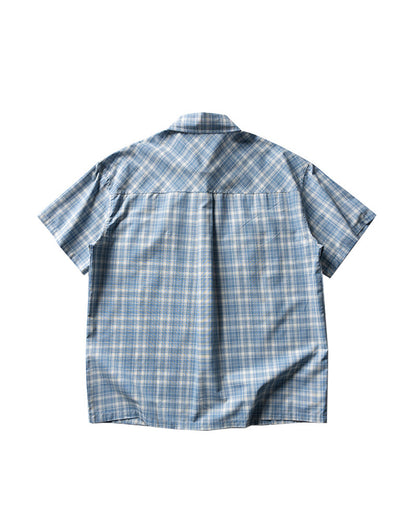 Retro Plaid Double Pocket Cotton Short Sleeve Shirt – Loose Unisex Workwear Casual