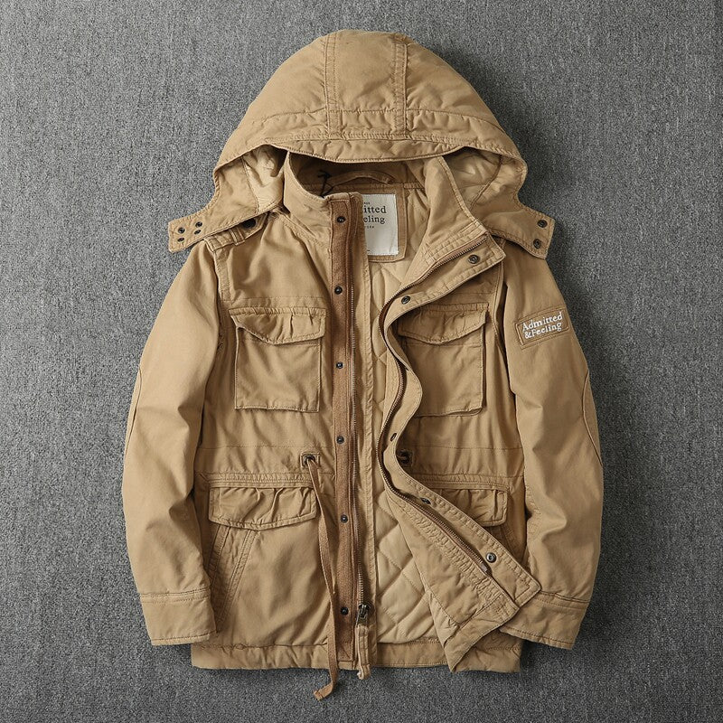 Heavy Distressed Hooded Camouflage Cargo Jacket – Oversized Cotton Outdoor Coat