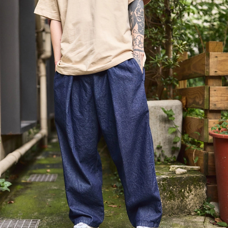 Vintage Indigo-Dyed Loose Jeans – Handmade Elastic Adjustable Waist Streetwear – Japanese vintage | yamalin clothes | Yamalinclothes