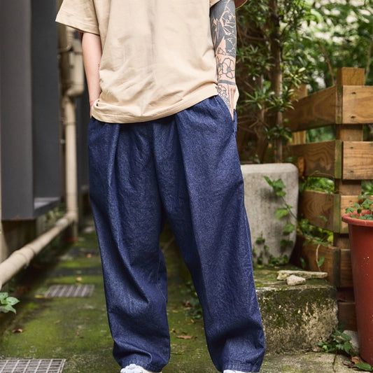 Vintage Indigo-Dyed Loose Jeans – Handmade Elastic Adjustable Waist Streetwear – Japanese vintage | yamalin clothes | Yamalinclothes