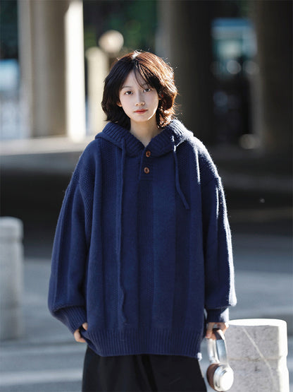 Japanese Hooded Knit Pullover – Unisex Oversized Thick Blue Coffee
