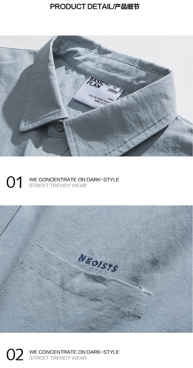 Japanese trend embroidery letter solid color lapel long sleeve shirt men's spring and autumn cleanfit shirt | Japanese vintage | yamalin clothes | Yamalinclothes