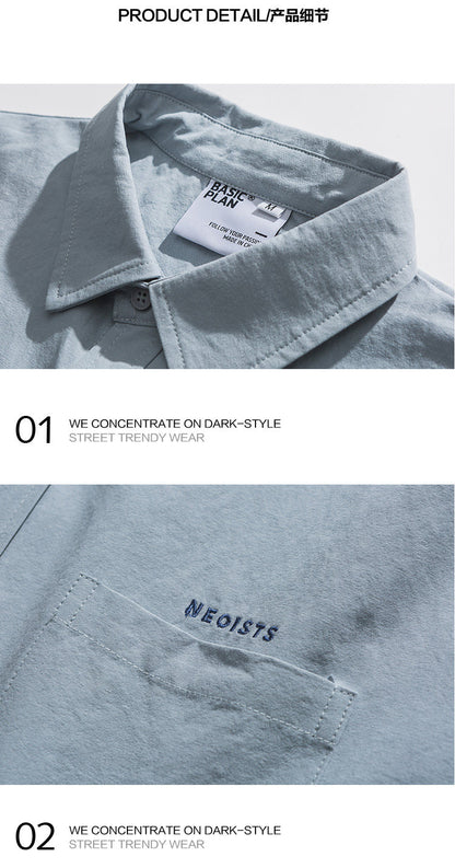 Japanese trend embroidery letter solid color lapel long sleeve shirt men's spring and autumn cleanfit shirt | Japanese vintage | yamalin clothes | Yamalinclothes