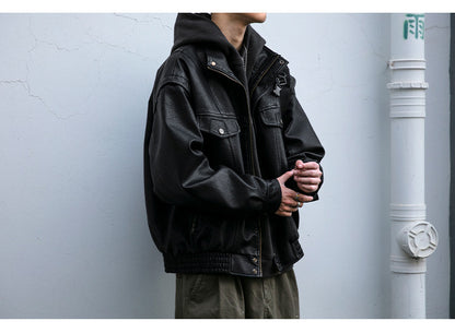 American Vintage Pebbled Leather Moto Jacket – Oversized Stand Collar Men's Coat