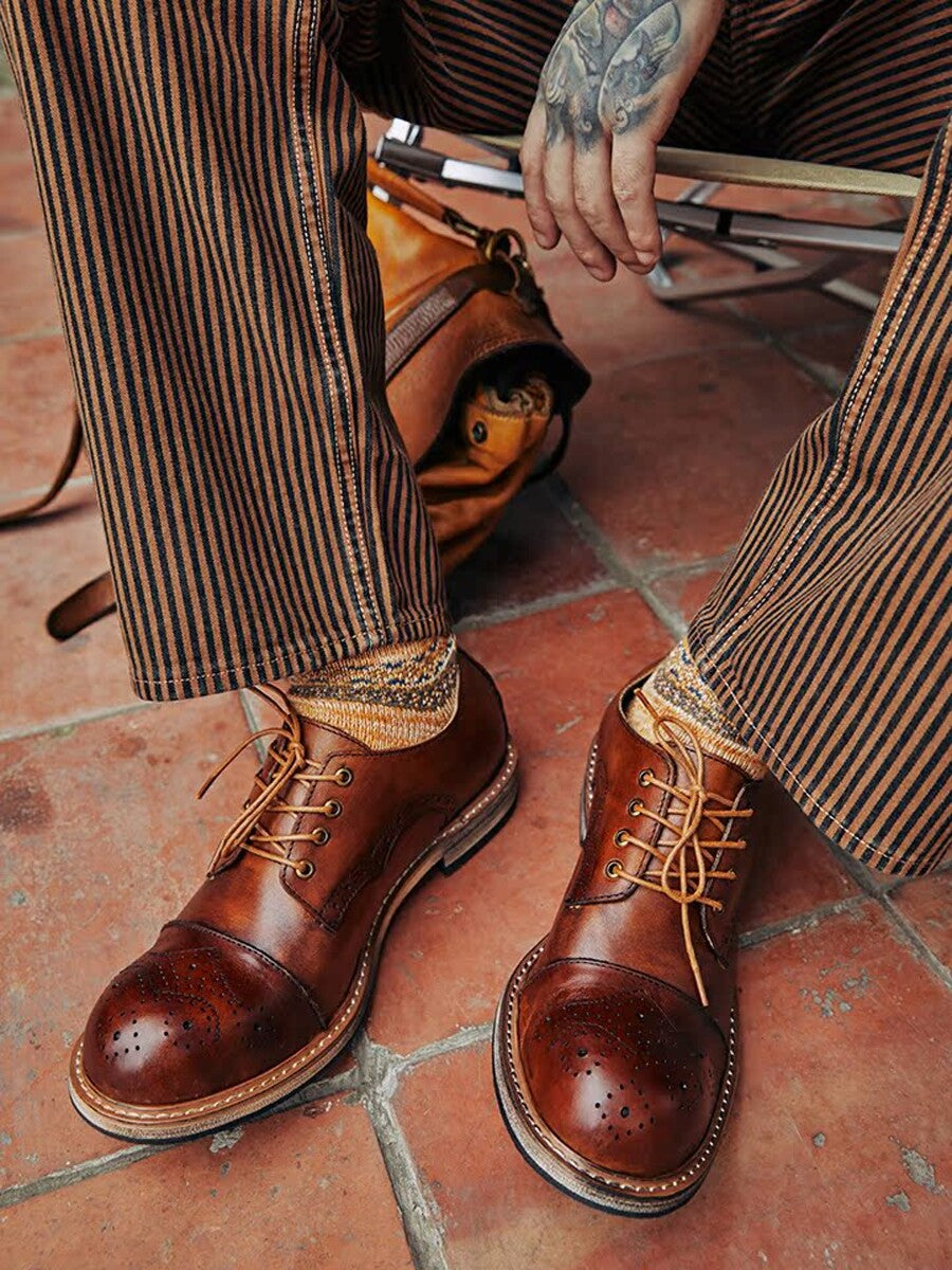 Vintage Brogue Carved Cowhide Leather Shoes – Men's Distressed Brown