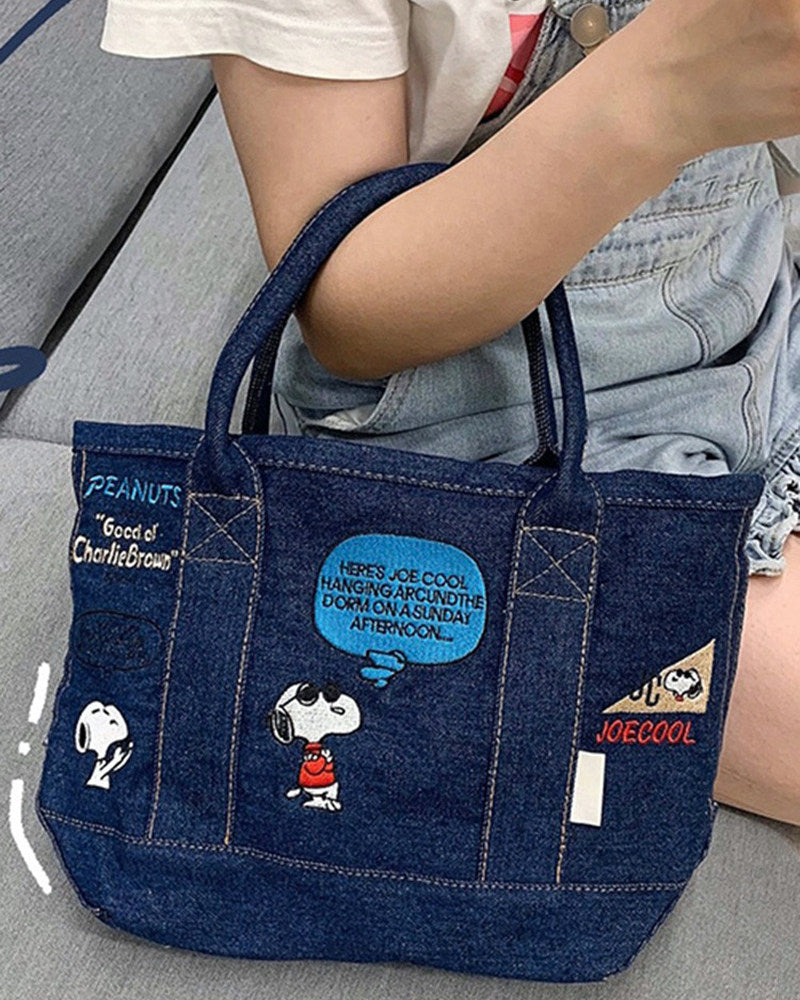 Denim Canvas Embroidery Tote Bag – Cute Cartoon Portable Handbag