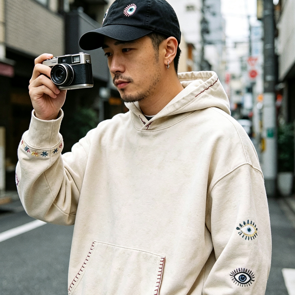 Japanese Vintage Embroidered Eye Hoodie – Washed Cotton Loose Fit Streetwear Pullover – hoodie | japanese streetwear | vintage workwear | unisex | Yamalinclothes