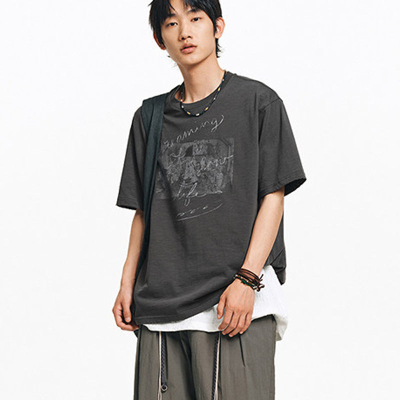 Two-Tone White Ink Print Crew Neck T-Shirt – Cool Feel Short Sleeve Japanese Streetwear for Men – Japanese vintage | yamalin clothes | Yamalinclothes