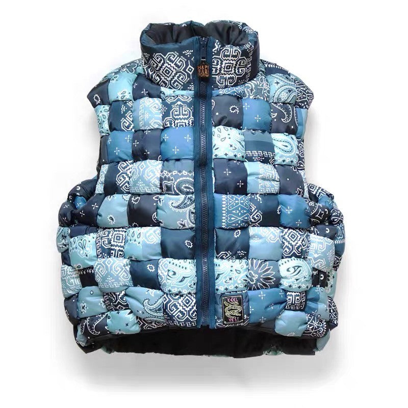 Nylon Paisley Print Down Vest – High-Neck Zip Padded Unisex – Vests | japanese streetwear | vintage workwear | unisex | Yamalinclothes