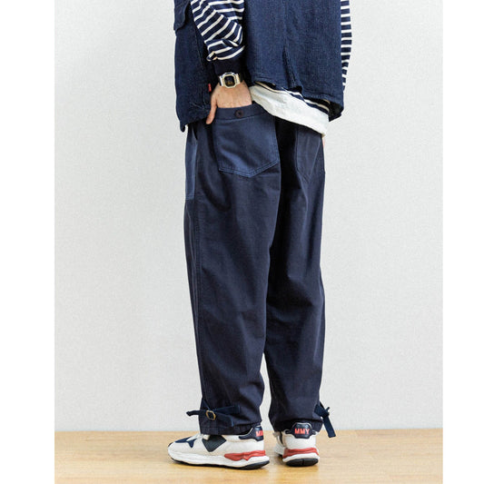 Japanese style men's clothing personality color block stitching elastic waist loose couple men and women slub cotton casual pants trend