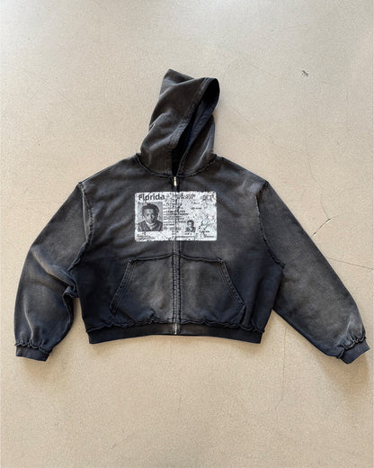 EssorNovus Michael Jackson passport print raw edge old zip hoodie sweatshirt