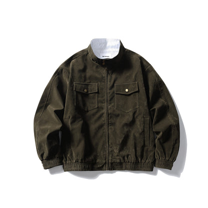 Stripe Patchwork Stand-Collar Harrington Jacket – Oversized Unisex