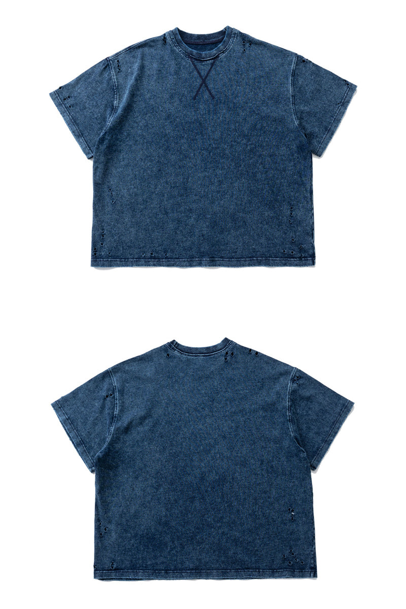 American Vintage Washed Ripped Loose T-Shirt - Unisex Crew Neck Pure Cotton Short Sleeve Tee