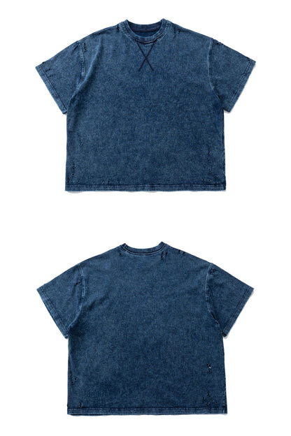 American Vintage Washed Ripped Loose T-Shirt - Unisex Crew Neck Pure Cotton Short Sleeve Tee