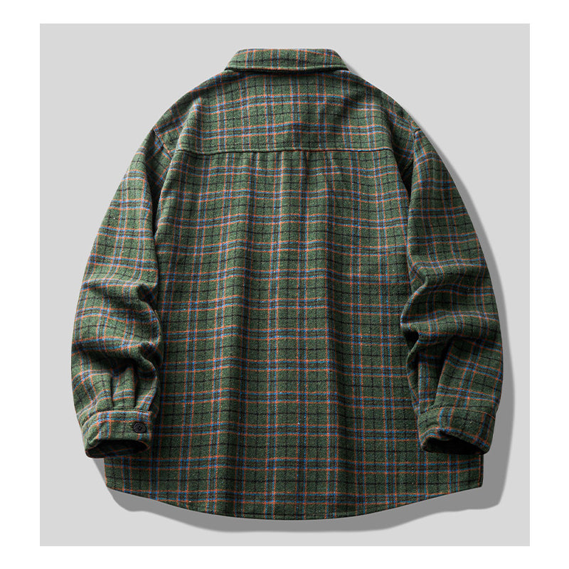 Brushed Plaid Long Sleeve Shirt Jacket – Vintage Loose Unisex Casual