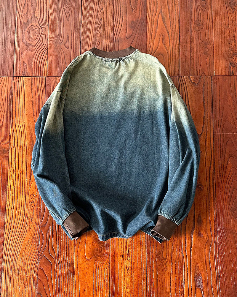 Washed Gradient Graffiti Print Denim Sweatshirt – Loose Wide-Cut Unisex Vintage