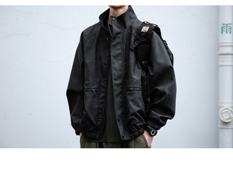 Letter Embroidery Stand-Collar Moto Jacket – American Retro Oversized Unisex