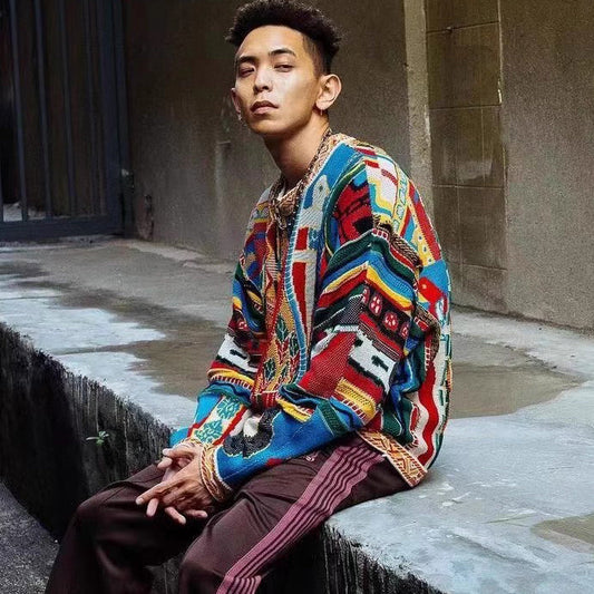 Japanese Retro Portrait Pattern Sweater - Red Crew Neck Pullover