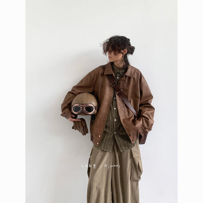 American Vintage PU Leather Moto Jacket – Unisex Loose Biker Coat