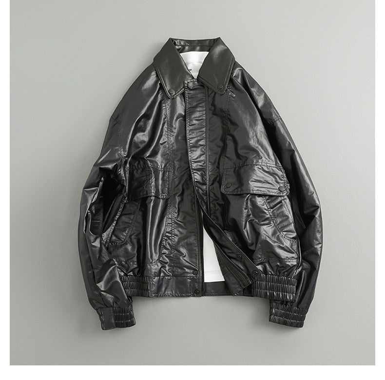 Spring Japanese casual trendy brand retro lightweight loose matte leather short lapel jacket men – Japanese vintage | yamalin clothes | Yamalinclothes