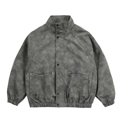 Letter Embroidery Stand-Collar Moto Jacket – American Retro Oversized Unisex