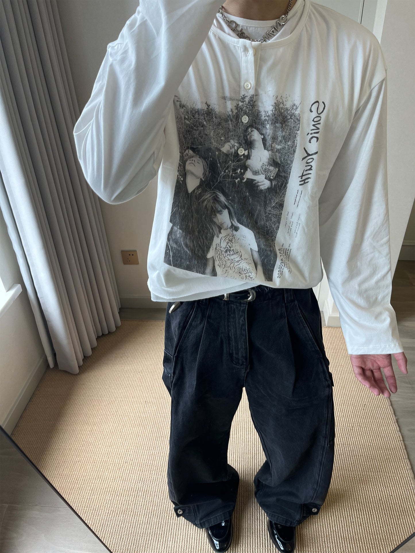 Vintage Rock Band Graphic Double Collar Long Sleeve Tee – Unisex Oversized
