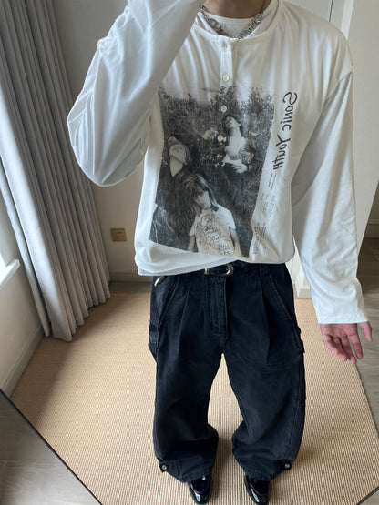 Vintage Rock Band Graphic Double Collar Long Sleeve Tee – Unisex Oversized