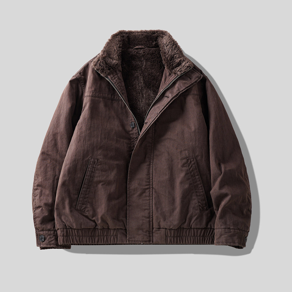 Faux Fur-Lined Jacket – Stand Collar & Gathered Hem | Yamalin clothes | Vintage workwear outfit for men
