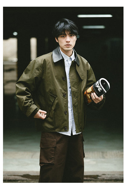 American Vintage Hunting Jacket – Heavy Leather-Collar Harrington Cargo Coat Unisex